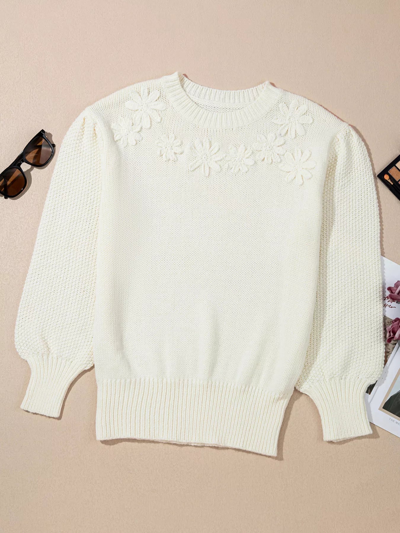 Flower Detail Round Neck Contrast Textured Puff Sleeve Sweater OutfitFlow