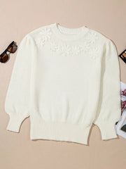 Flower Detail Round Neck Contrast Textured Puff Sleeve Sweater OutfitFlow