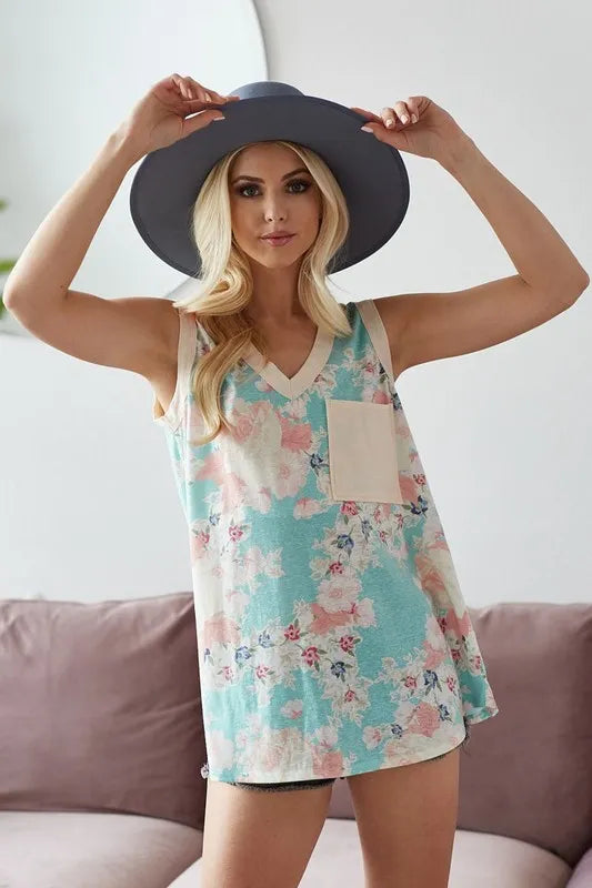 BiBi Multi Color Flower Printed Tank with Contrast Band OutfitFlow