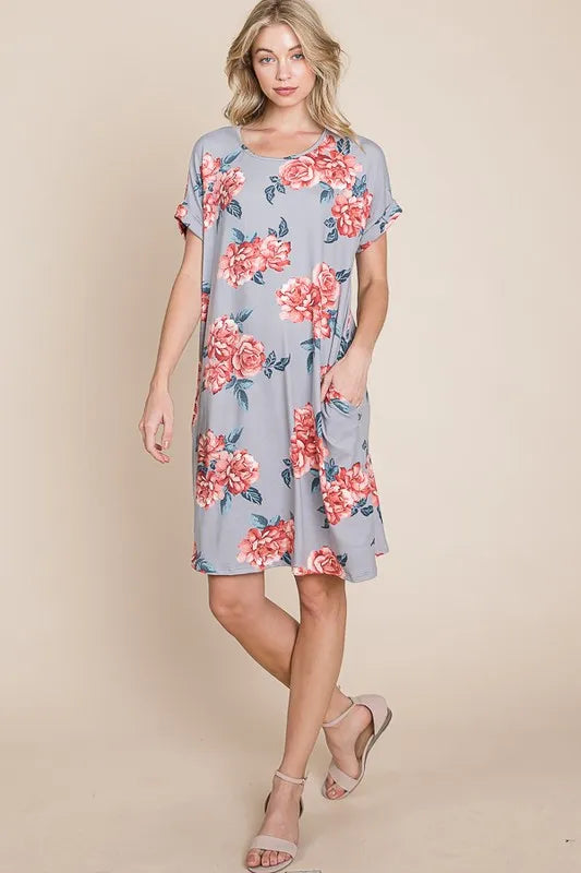 BOMBOM Floral Round Neck Short Tee Dress with Pockets OutfitFlow
