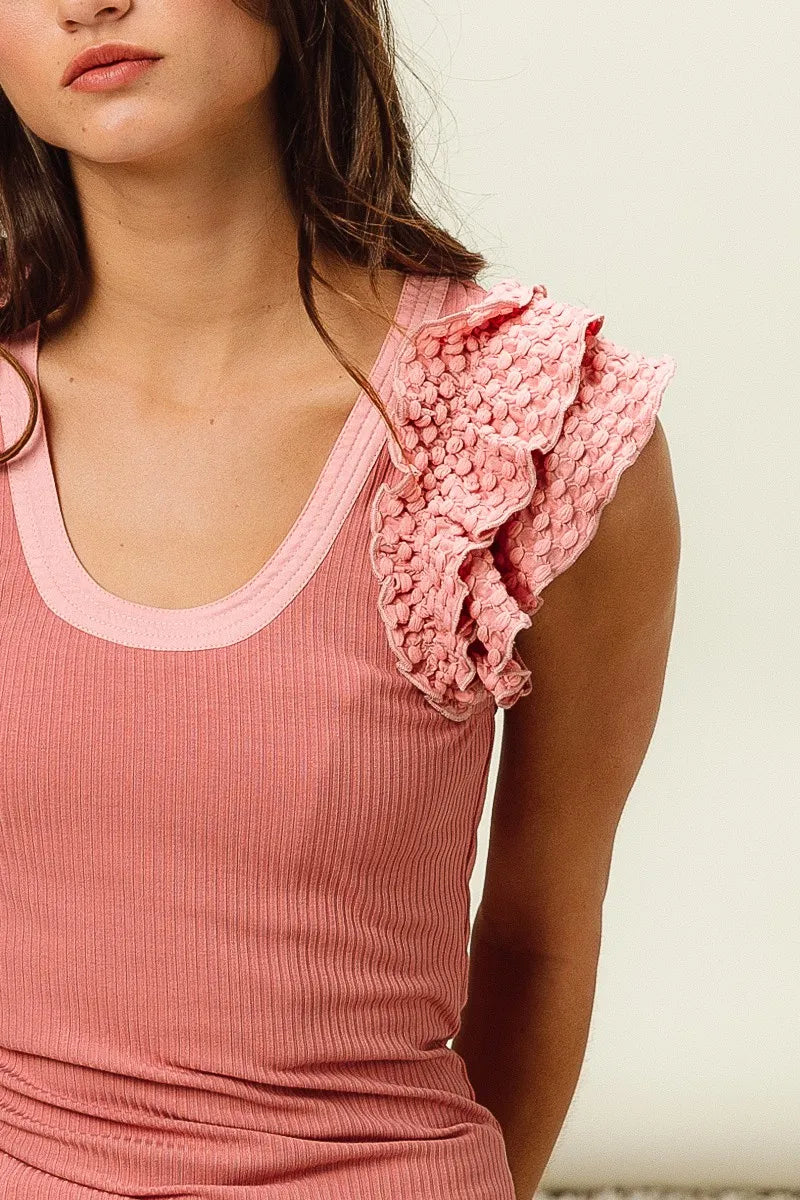 BiBi Rib Knit With Textured Ruffled Top OutfitFlow