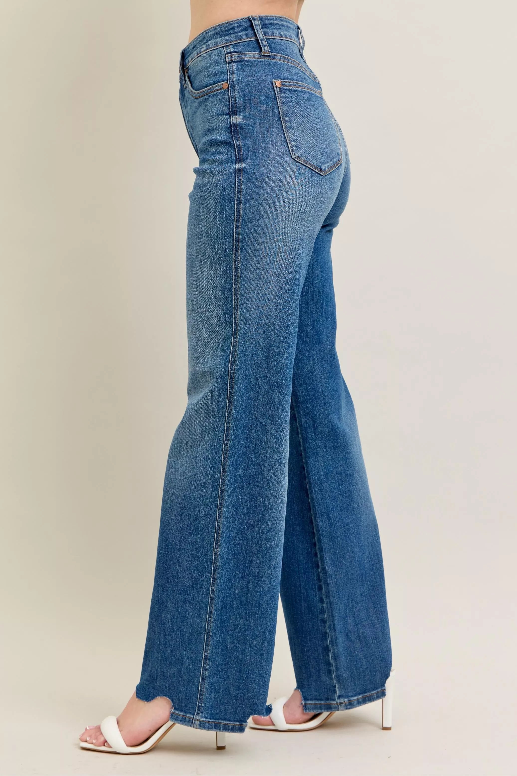 Judy Blue Full Size High Waist Tummy Control Chew Hem Destroy Wide Jeans Plus Size OutfitFlow