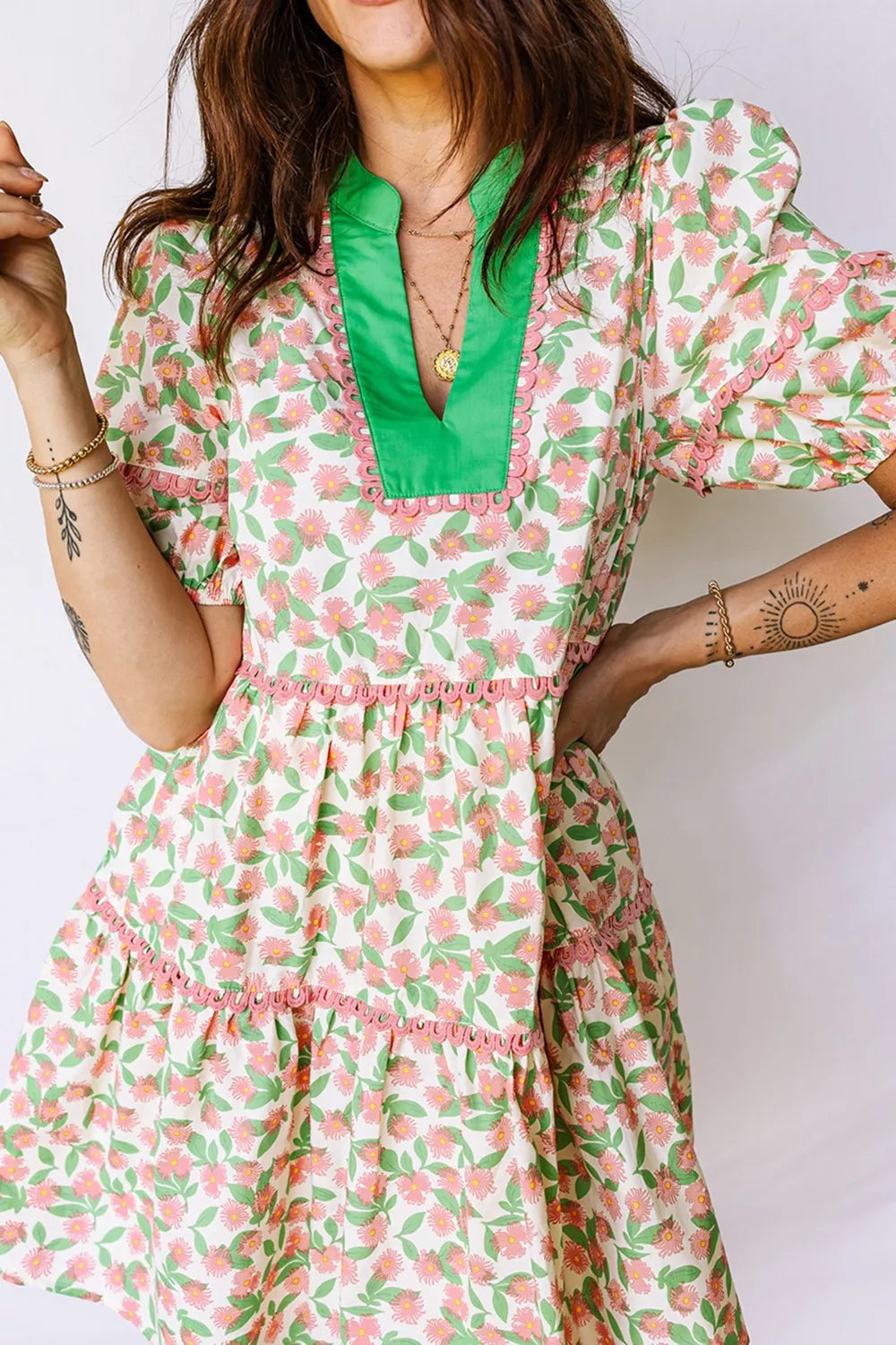 Contrast Neckline Ricrac Trim Floral Short Puff Sleeve Dress Trendsi