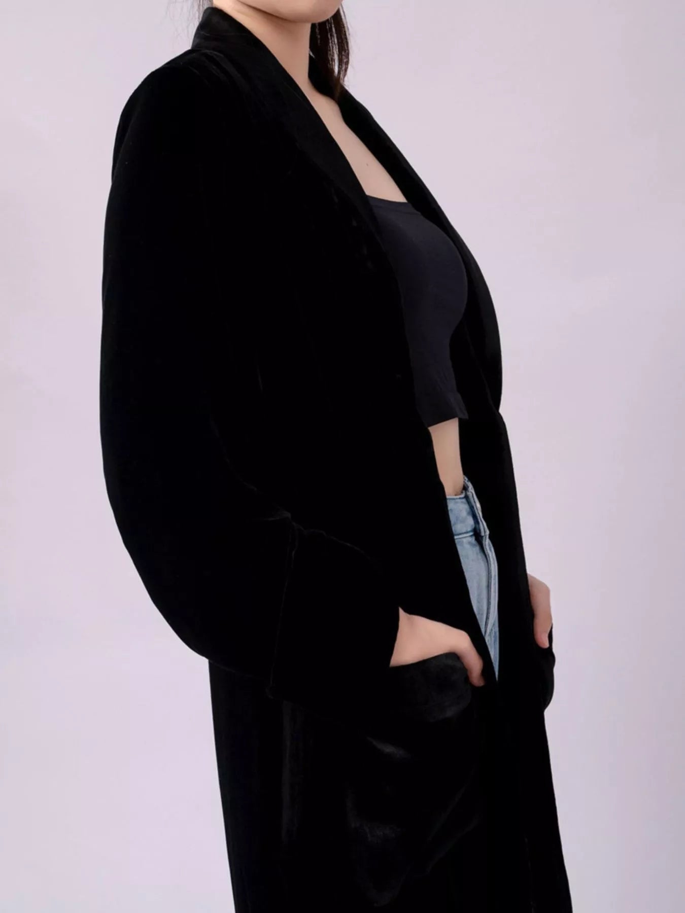 Velvet Lapel Collar Longline Coat Trendsi