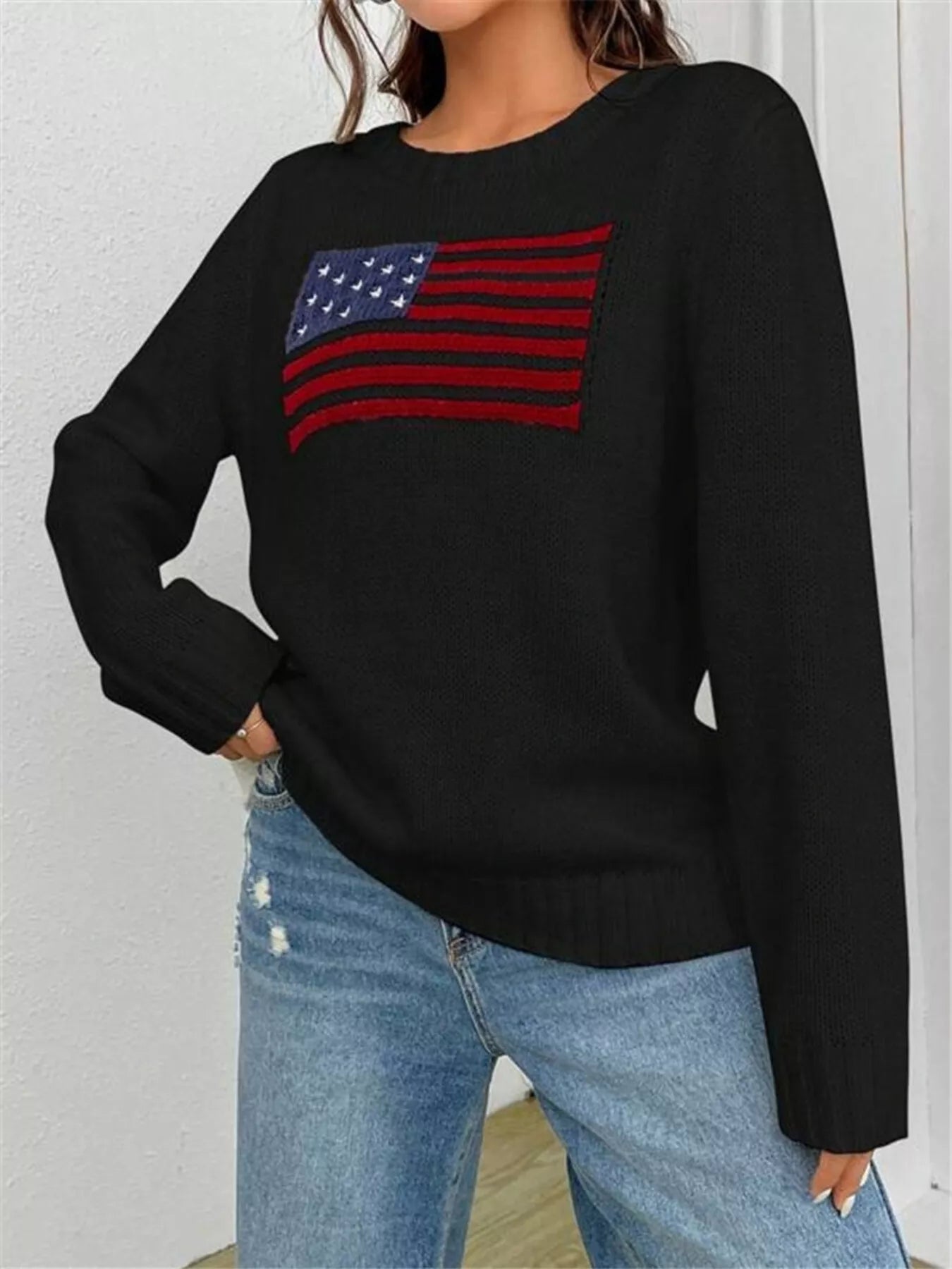 US Flag Round Neck Long Sleeve Sweater OutfitFlow