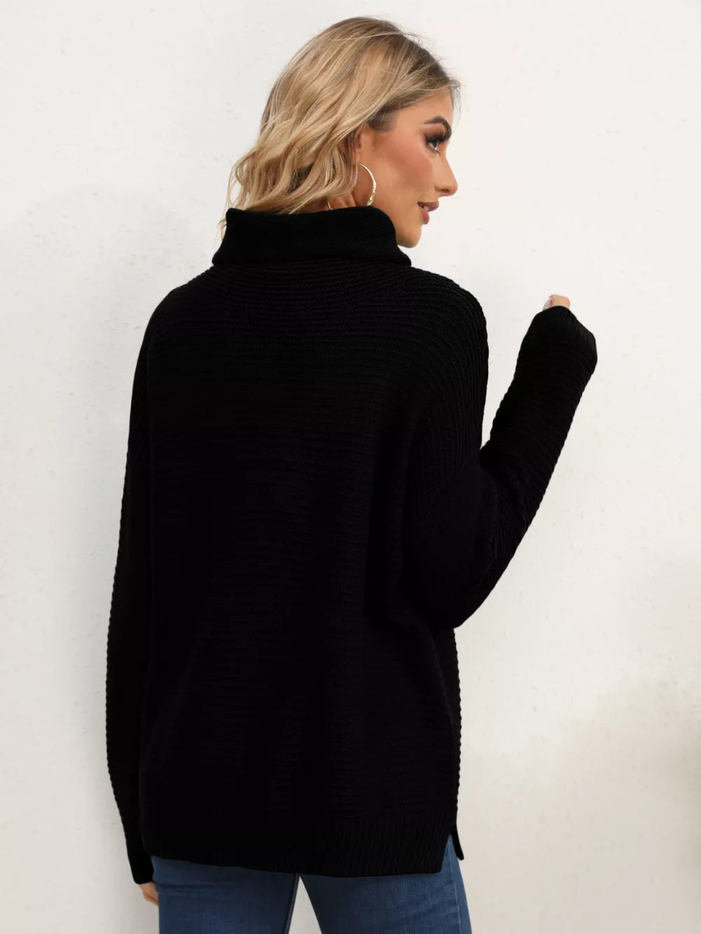 Slit Turtleneck Dropped Shoulder Sweater Trendsi