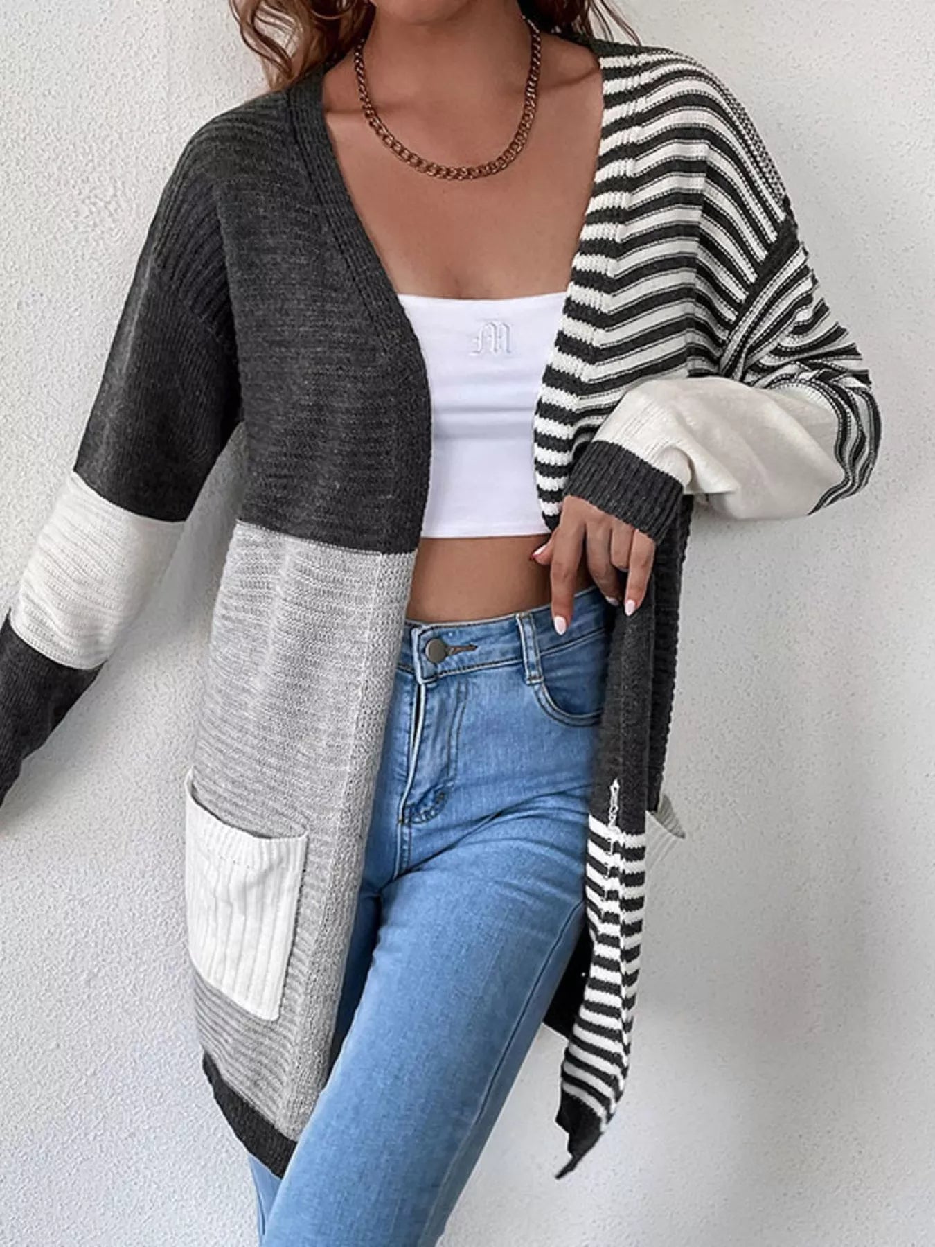 Striped Color Block Open Front Cardigan OutfitFlow