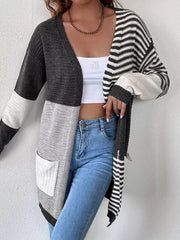 Striped Color Block Open Front Cardigan OutfitFlow