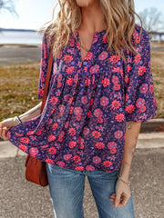 Floral Half Sleeve Split Neck Blouse Top OutfitFlow