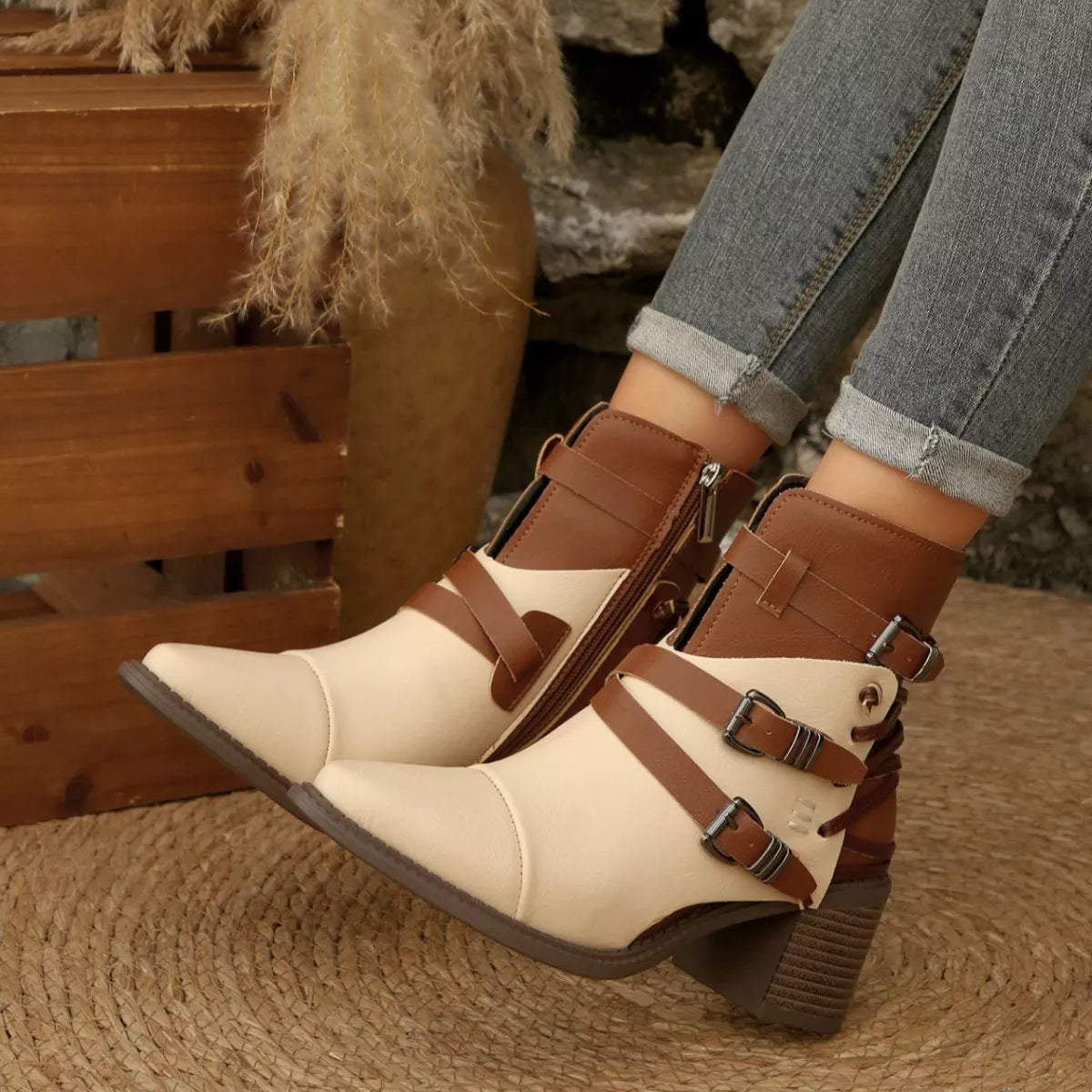 Point Toe Buckle Strap Ankle Boots with Block Heels Trendsi