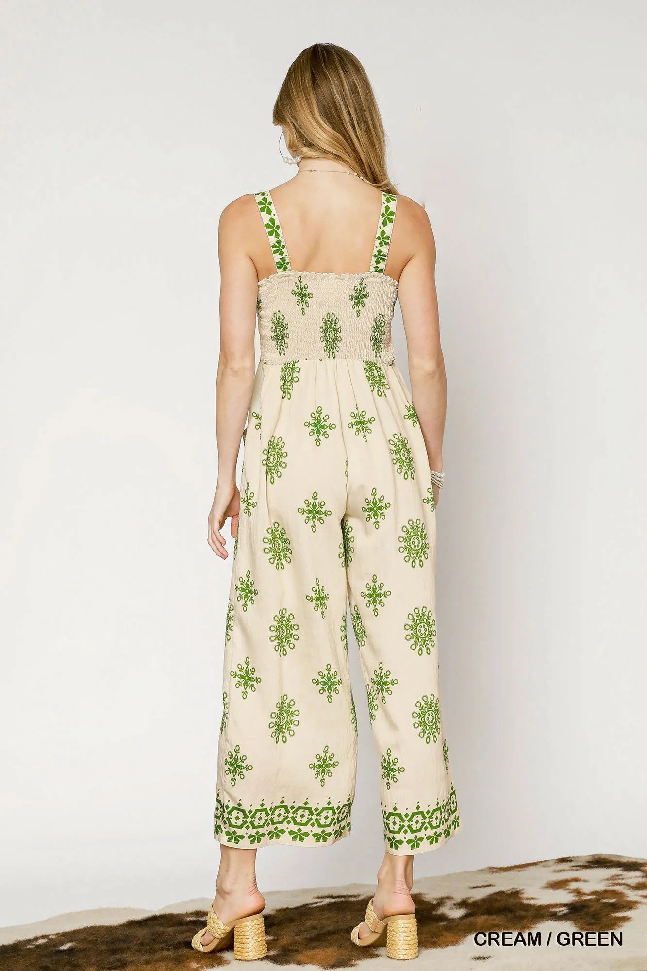Umgee Smocked Printed Wide Leg Jumpsuit OutfitFlow