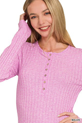 Zenana Ribbed Long Sleeve Half Button Top OutfitFlow