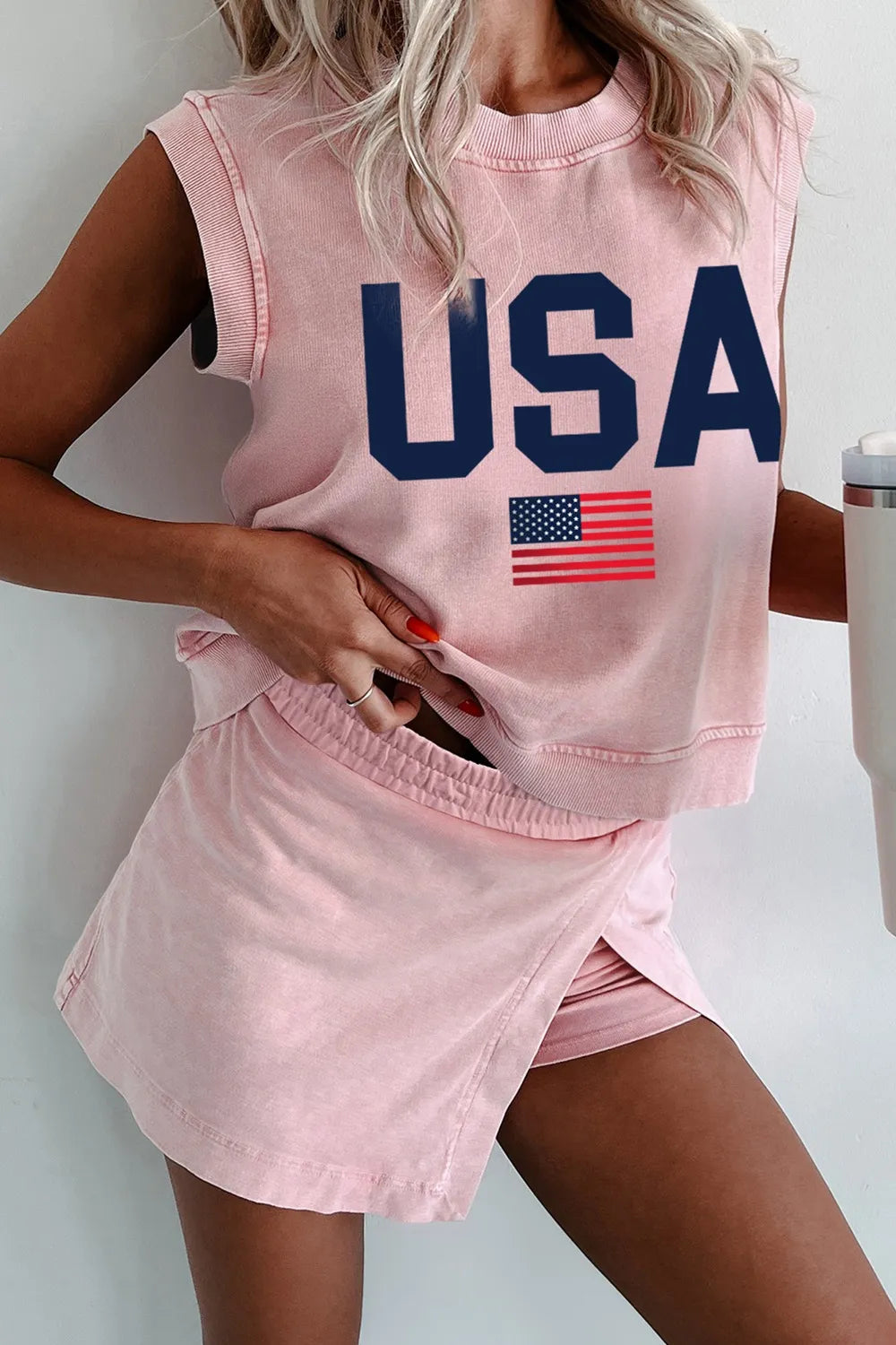 USA Round Neck Tank and Shorts Set OutfitFlow