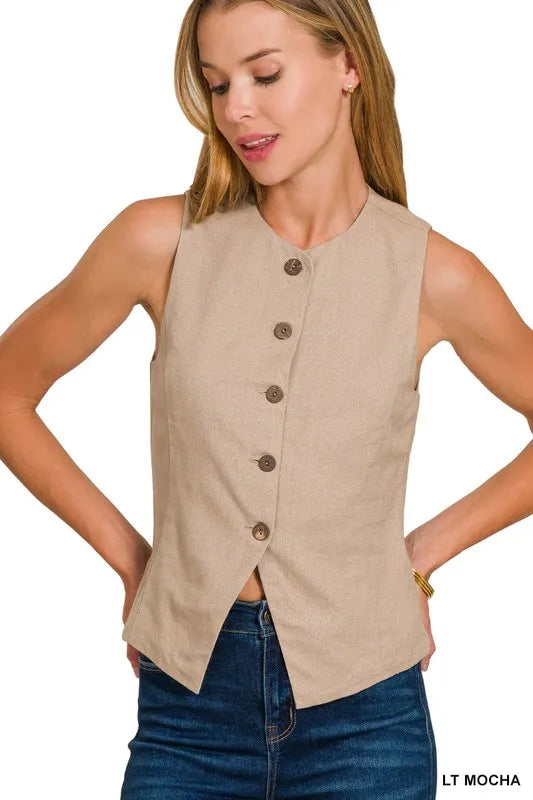 Zenana Linen Button Down Vest OutfitFlow