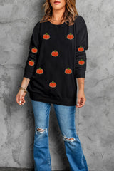 Pumpkin Round Neck Long Sleeve Sweatshirt OutfitFlow