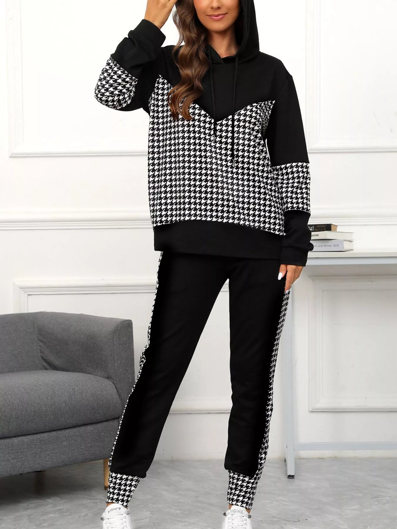 Houndstooth Drawstring Hoodie and Pants Se OutfitFlow
