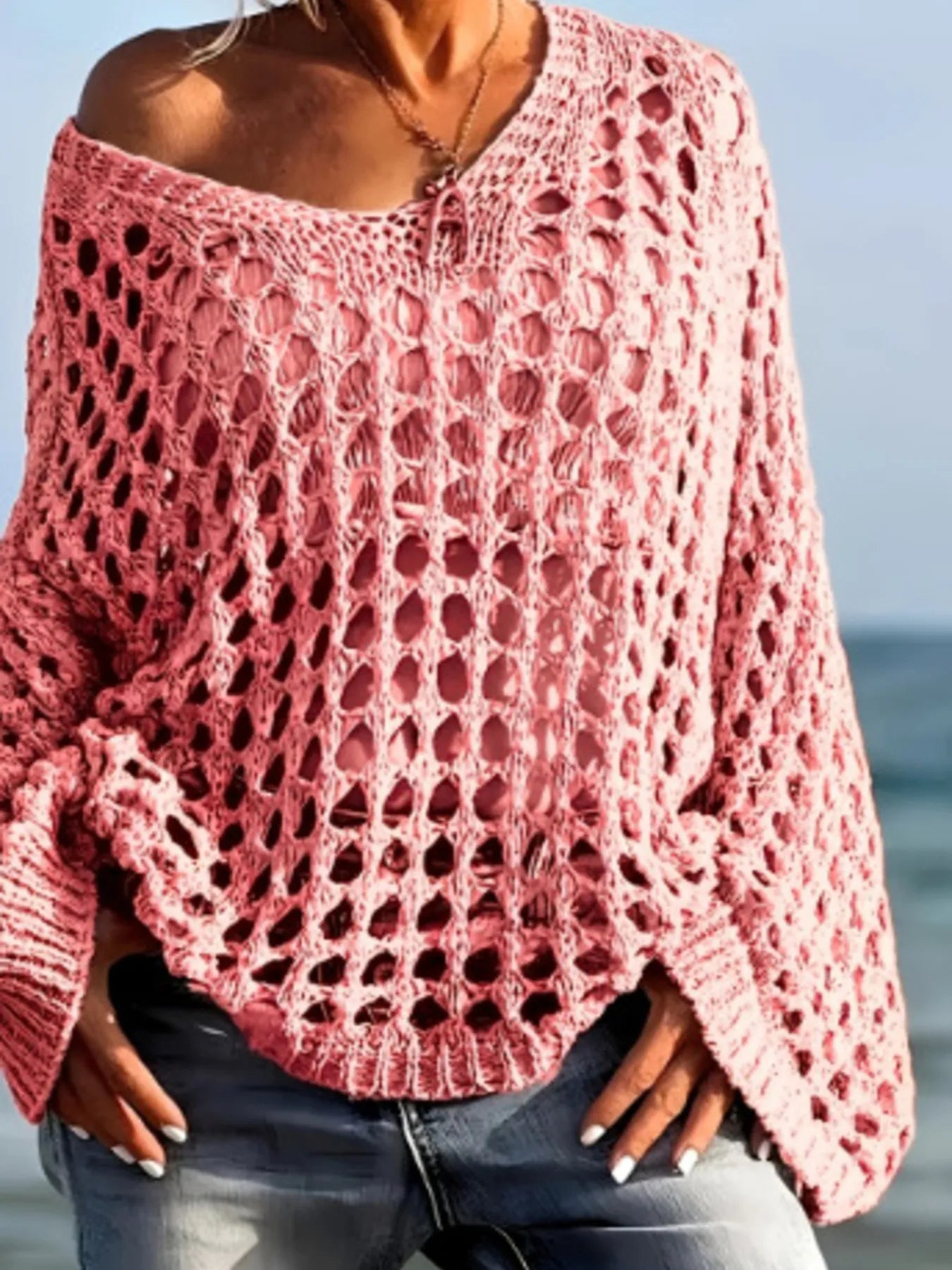 Crochet Long Sleeve Knit Cover Up Pink OutfitFlow