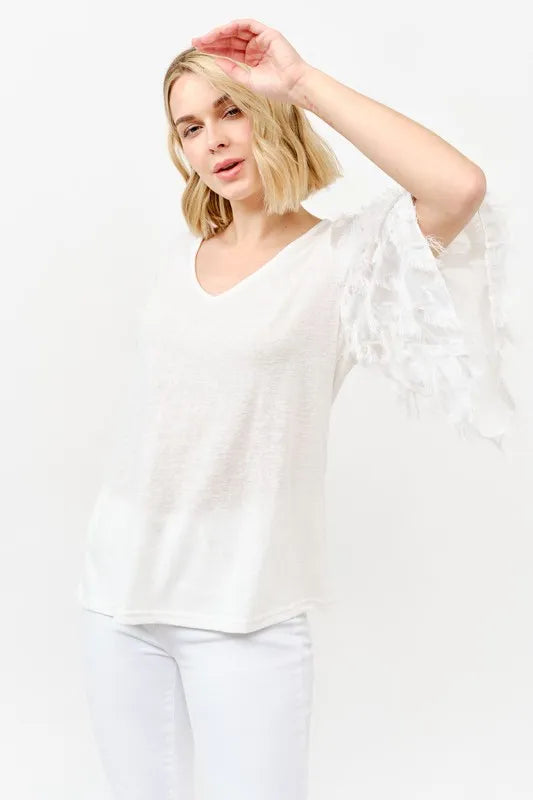 And The Why Feather Detailed 3/4 Sleeve Slub Top OutfitFlow
