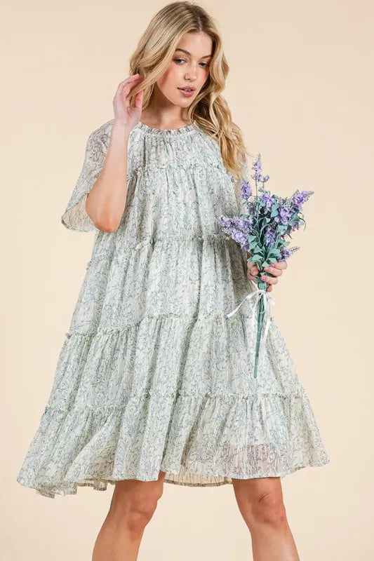 Lime 'N' Chili Ditsy Floral Print Sheer Ruffle Detail Mini Dress OutfitFlow