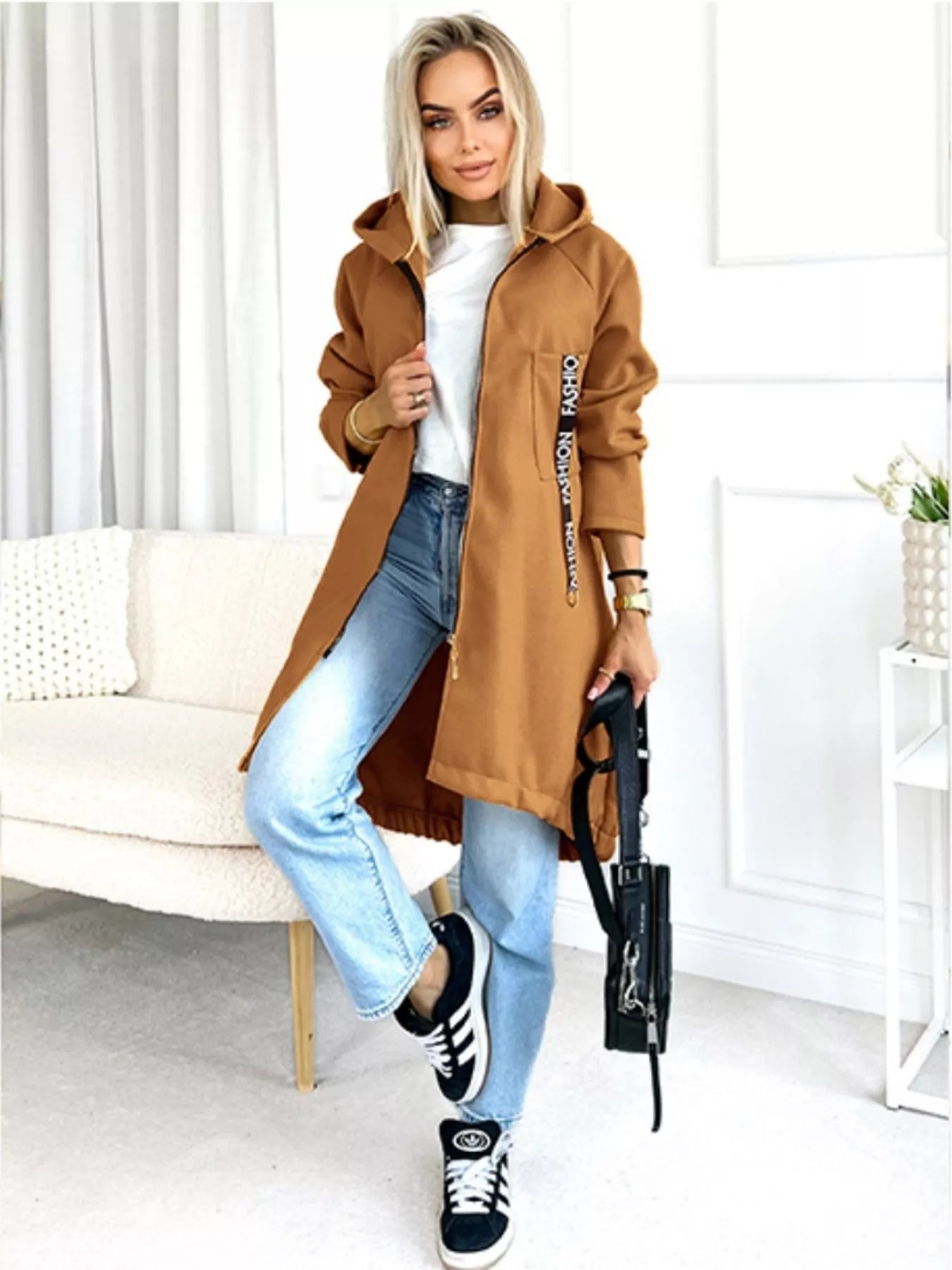 Full Size Zip Up Longline Hooded Outerwear Plus Size Trendsi