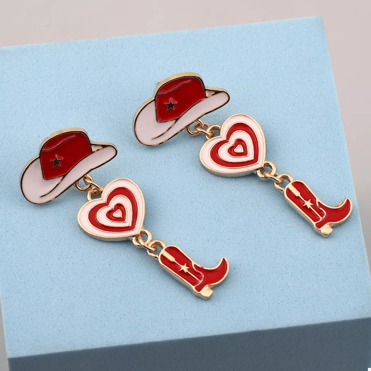 Cowgirl Boots Heart Dangle Earrings Red onesize OutfitFlow