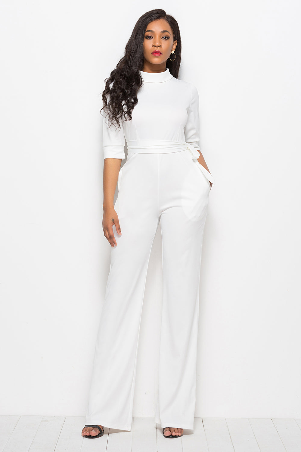 Outfit Flow - Mock Neck Tie-Waist Half Sleeve Jumpsuit