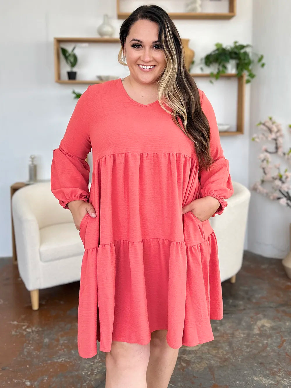 Double Take Full Size V-Neck Balloon Sleeve Tiered Dress with Pockets Coral OutfitFlow