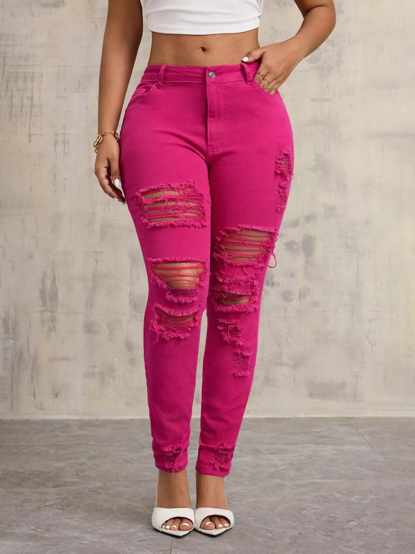 High-Waisted Distressed Skinny Jeans Fuchsia Pink OutfitFlow