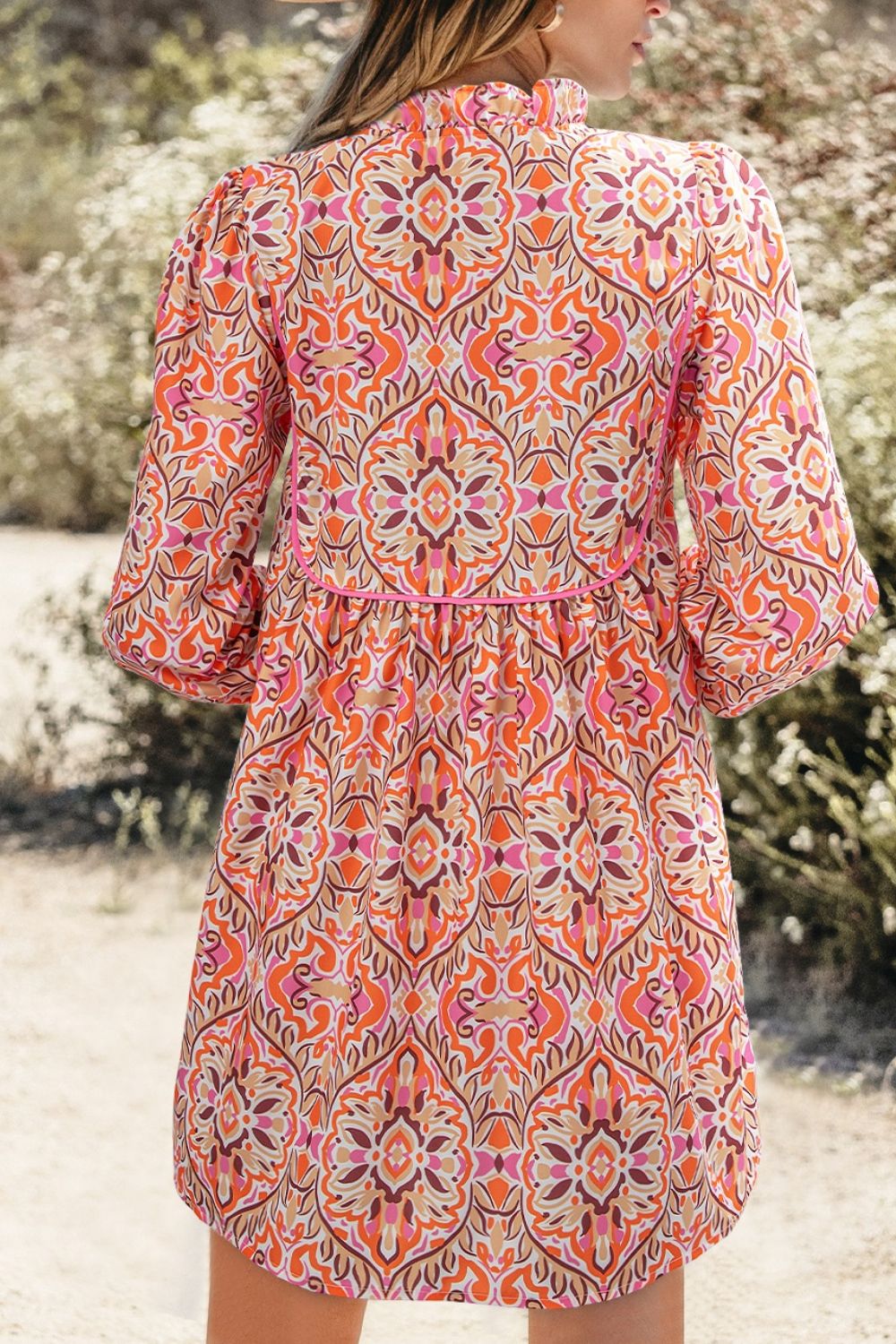 Printed Tie Neck Long Sleeve Mini Dress OutfitFlow