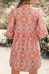 Printed Tie Neck Long Sleeve Mini Dress OutfitFlow
