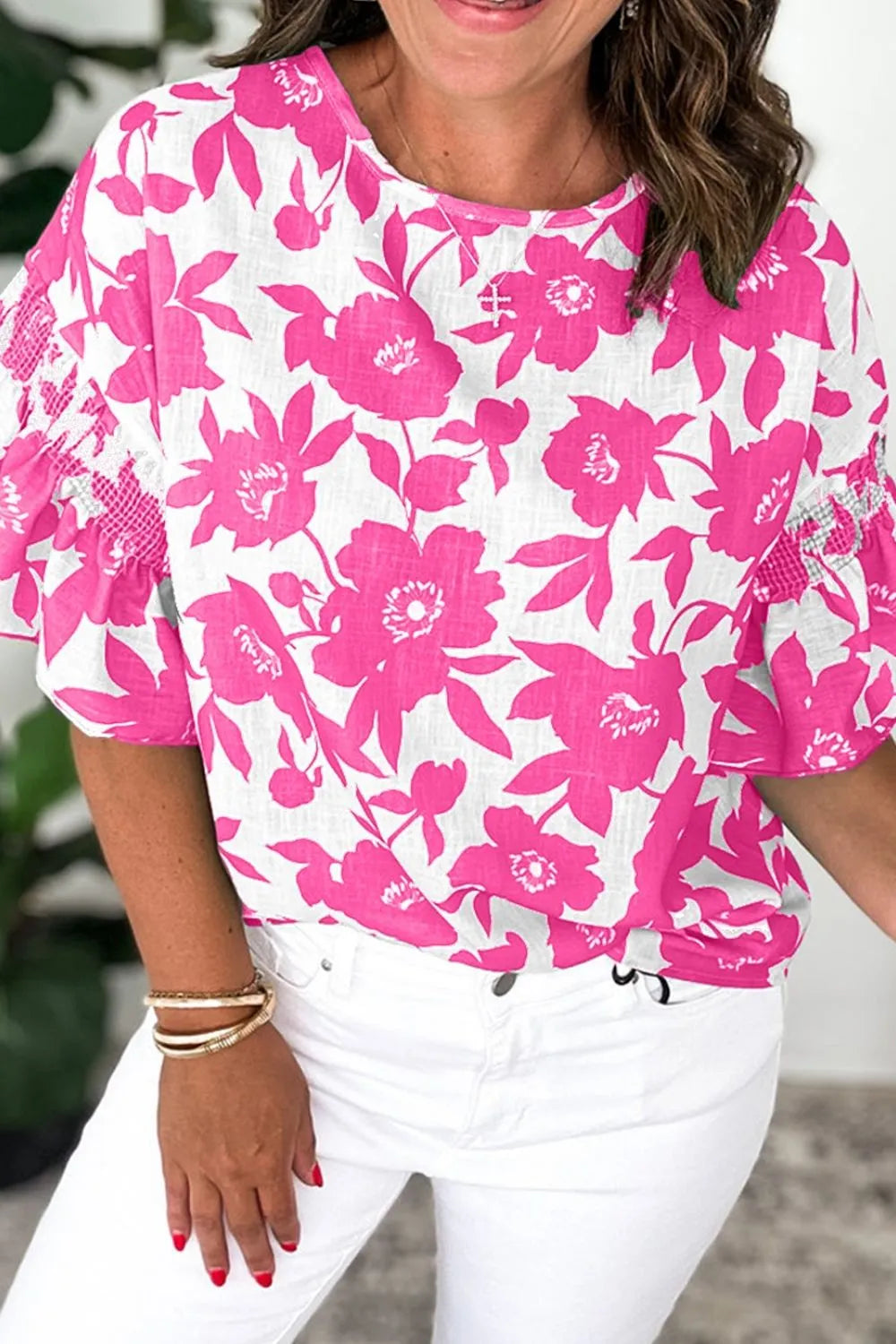 Floral Print Short Sleeve Casual Blouse OutfitFlow