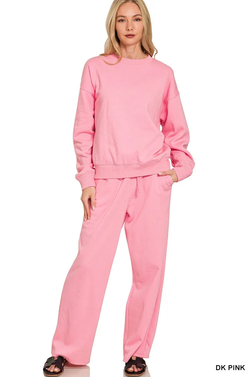 Zenana Fleece Long Sleeve Top and Sweatpants Set DK PINK Trendsi