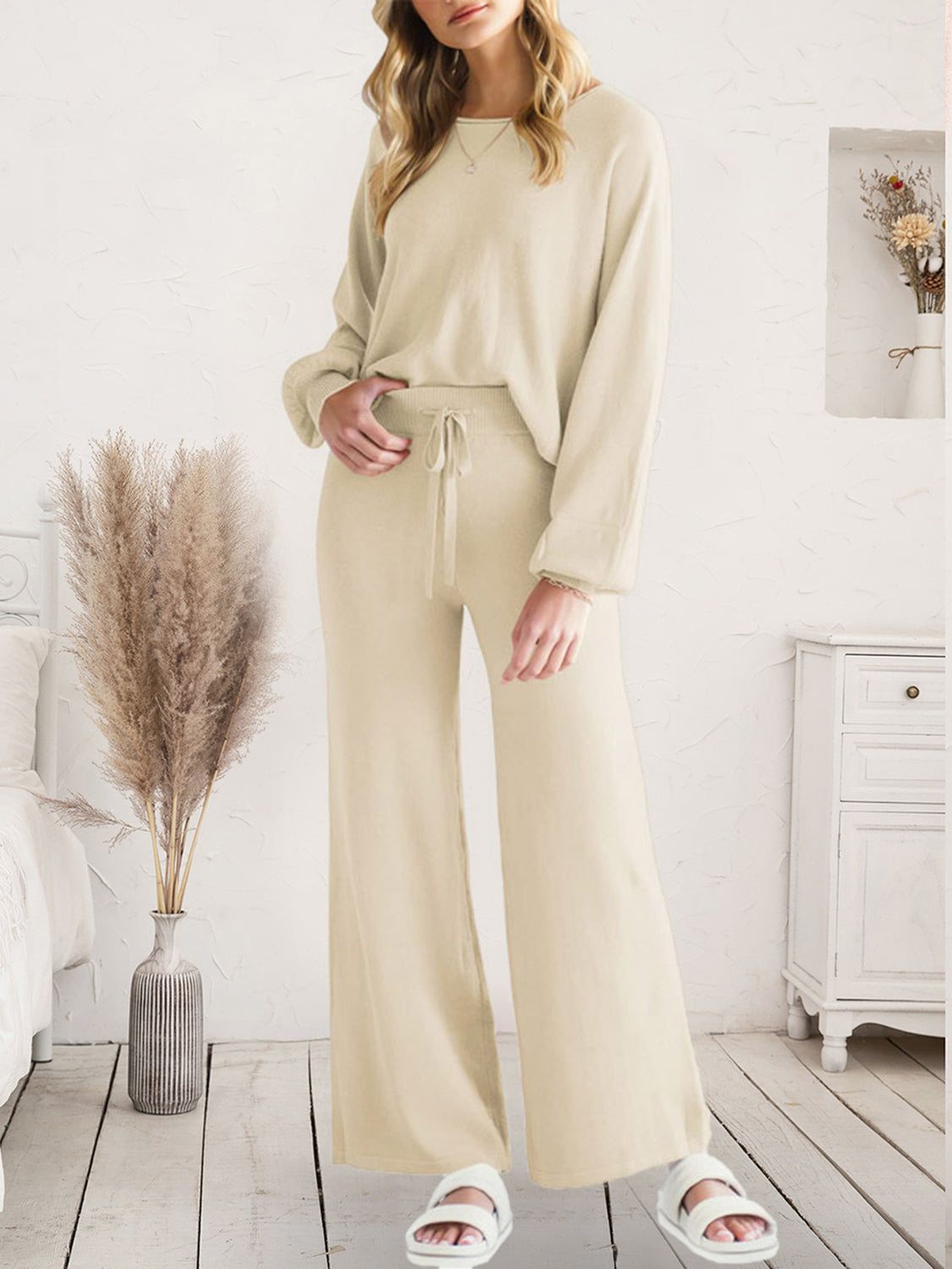 Outfit Flow - Long Sleeve Lounge Top and Drawstring Pants Set