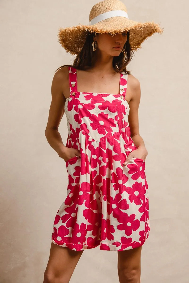 BiBi Floral Prints Tuck Detail Short Overall With Pockets OutfitFlow