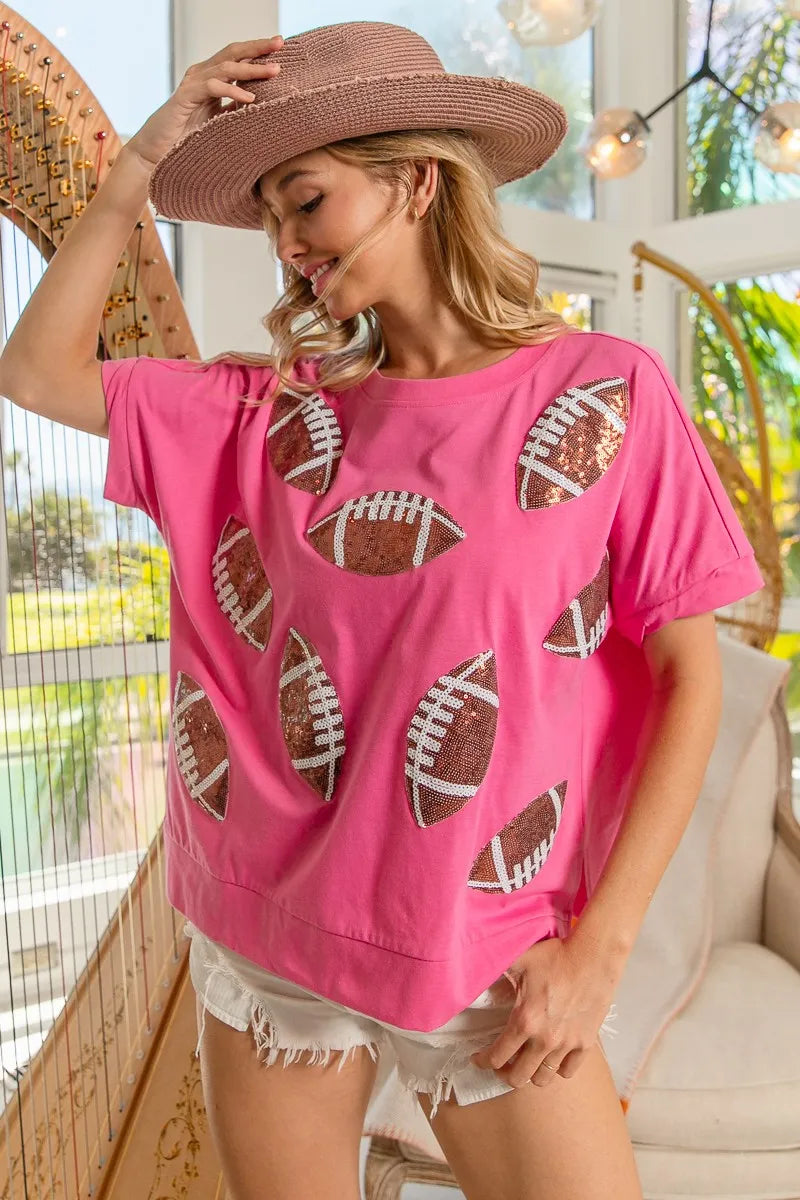BiBi Game Day Sequins Patched Half Sleeves Top OutfitFlow