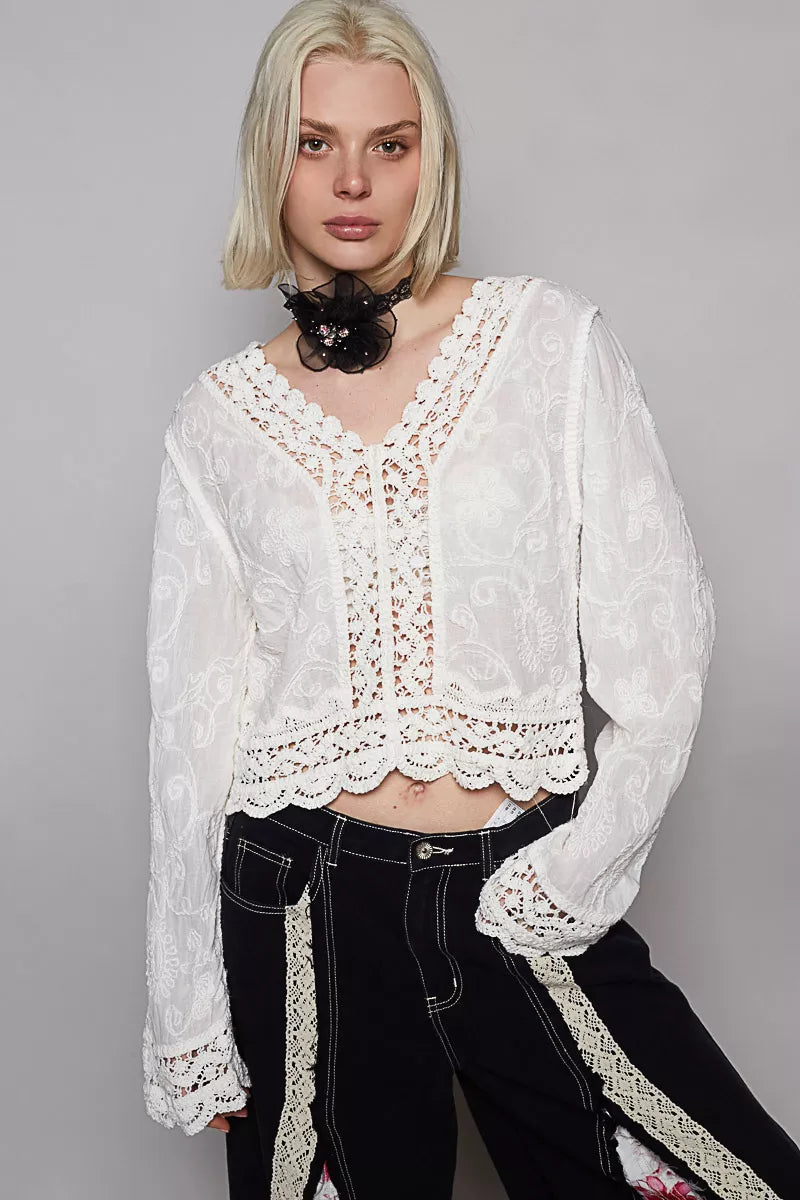 POL Long Sleeve Cropped Crochet Top with Floral Embroidery Detail White One Size OutfitFlow