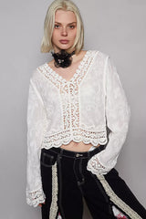 POL Long Sleeve Cropped Crochet Top with Floral Embroidery Detail White One Size OutfitFlow