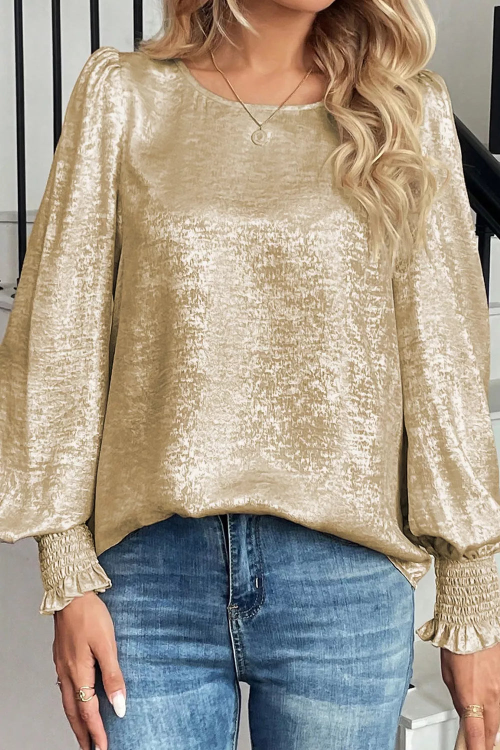 Round Neck Lantern Sleeve Blouse OutfitFlow