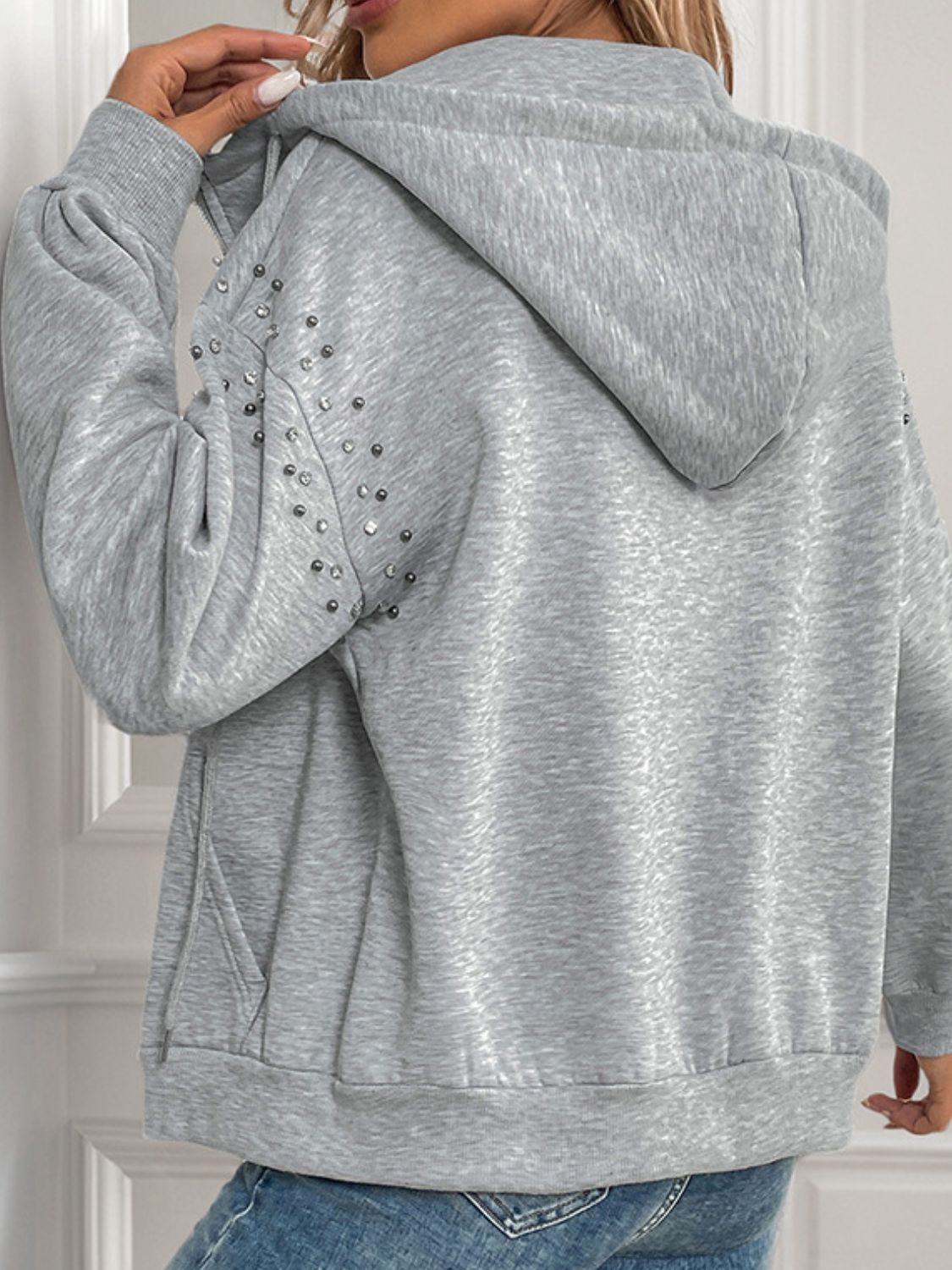 Outfit Flow - Perfee Rhinestone Zip Up Long Sleeve Hoodie