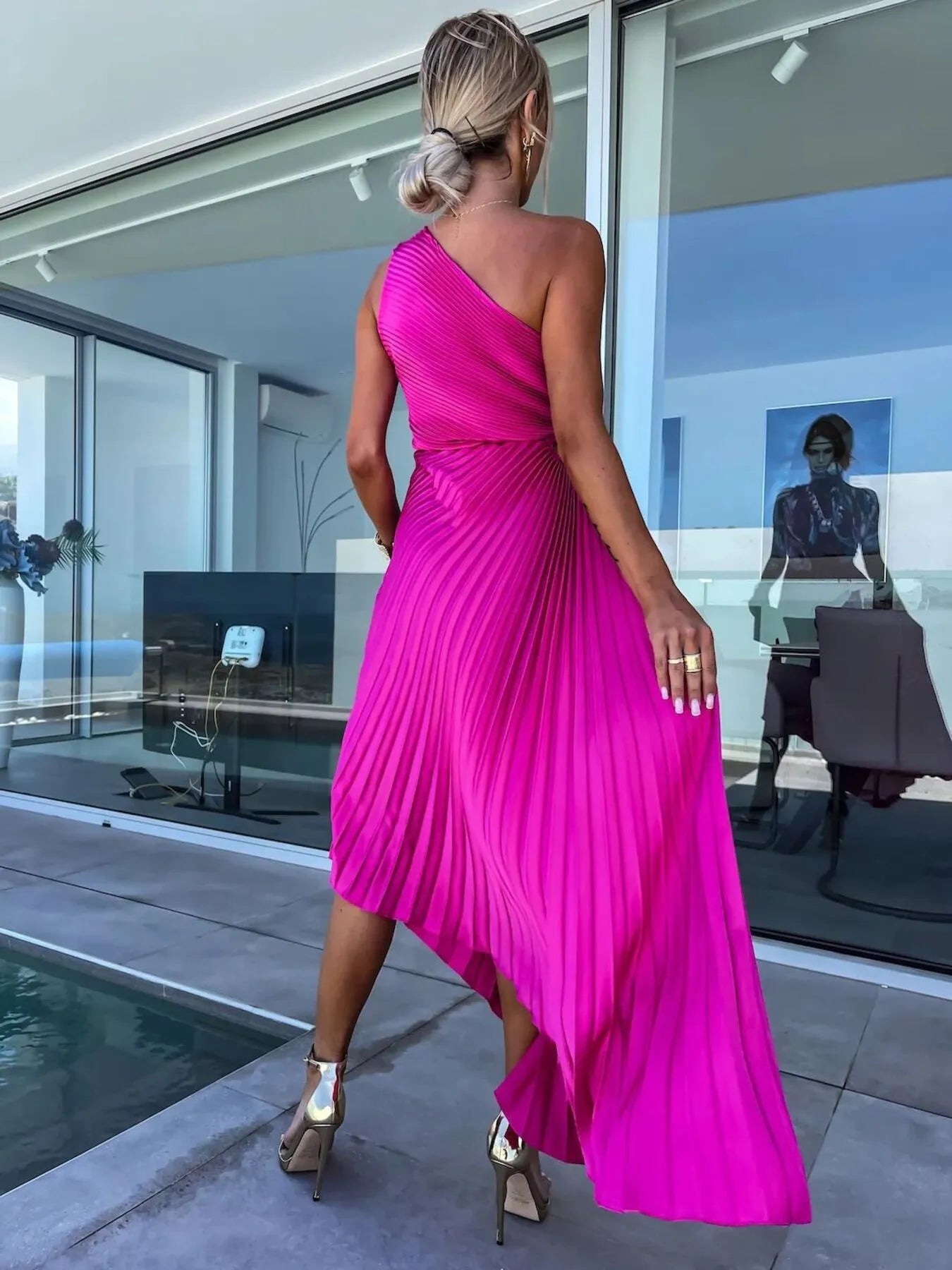 Full Size Single Shoulder Pleated Midi Dress Plus Size OutfitFlow