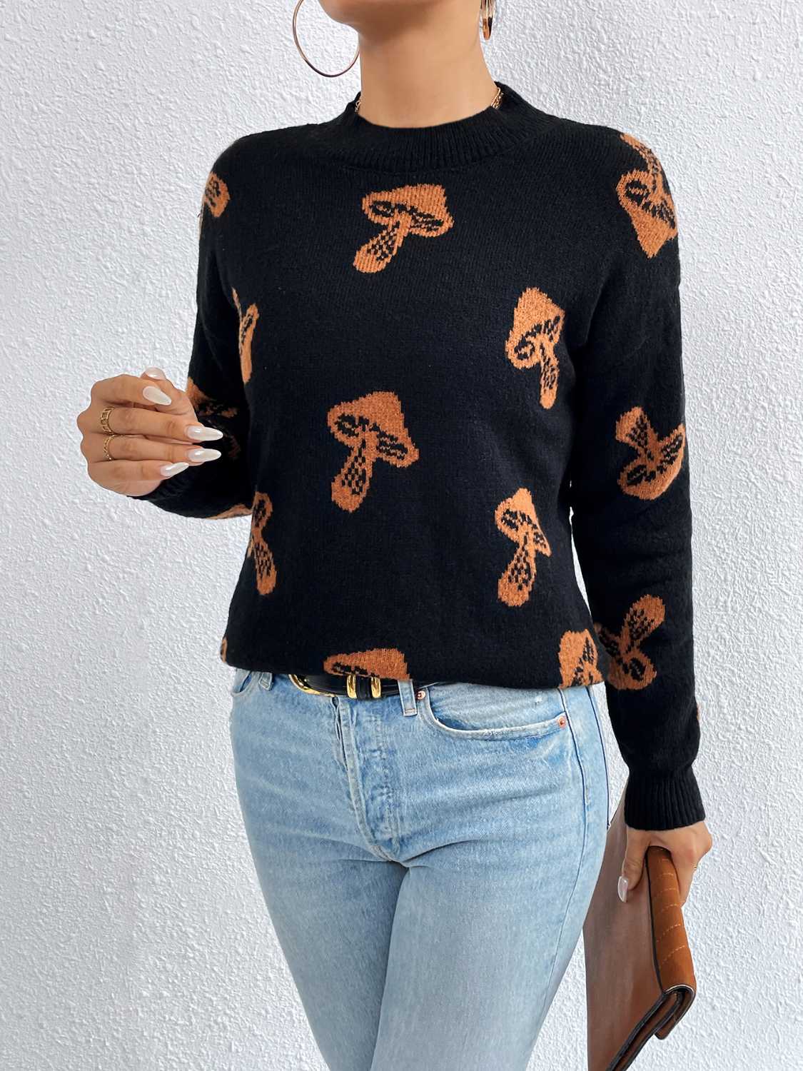 Patterned Drop Shoulder Sweater Black Trendsi