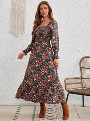 Smocked Floral Square Neck Long Sleeve Dress