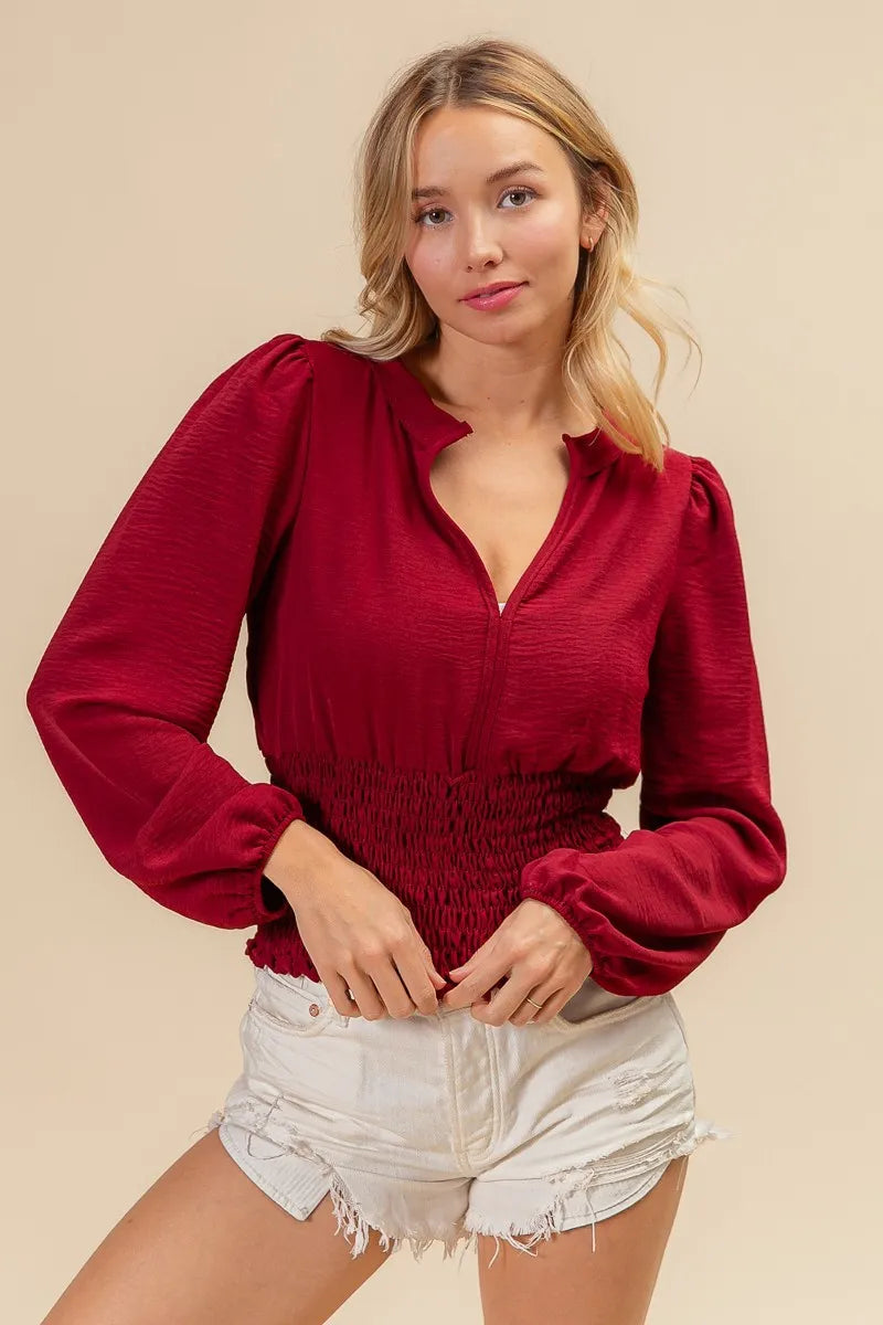 BiBi Smoking Waist Band and Puff Sleeves Deep V Neck Top OutfitFlow