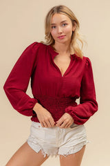 BiBi Smoking Waist Band and Puff Sleeves Deep V Neck Top OutfitFlow