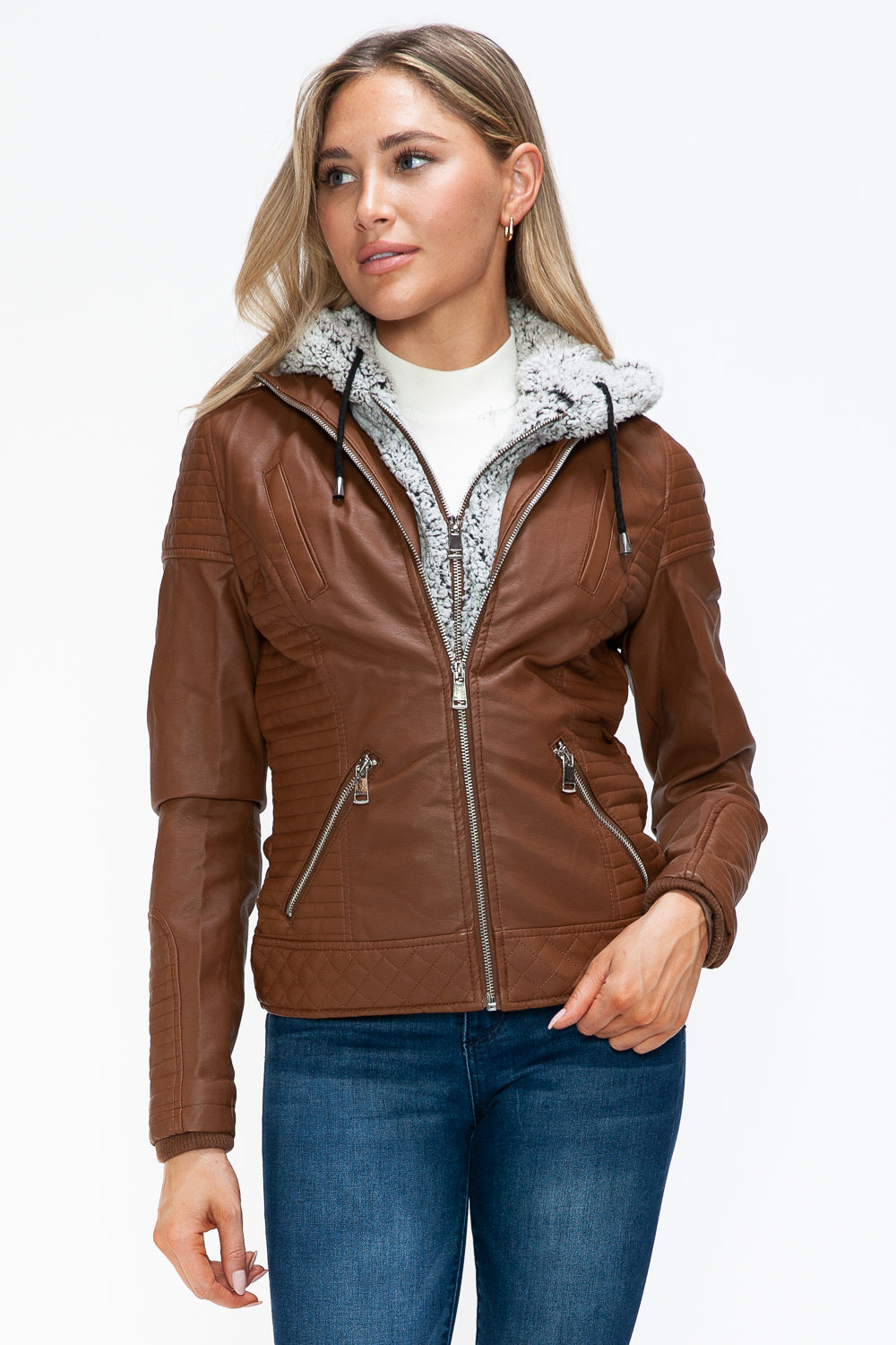 Outfit Flow - YMI Faux Layered Double-Zipper Jacket with Fuzzy Hood