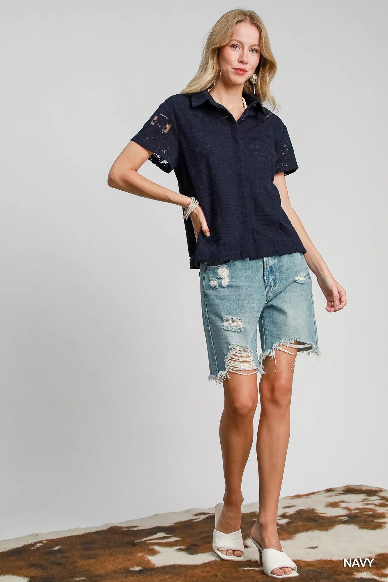 Umgee Patch Lace Short Sleeve Button Down Shirt Trendsi