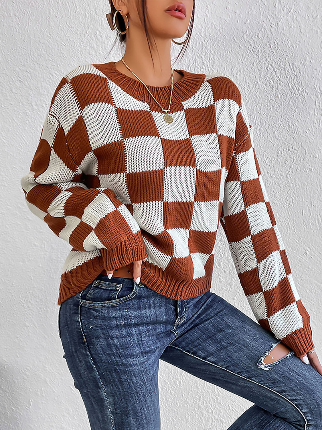 Checkered Round Neck Sweater OutfitFlow