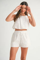 MABLE Eyelet Bubble Hem Sleeveless Top and Shorts Set OutfitFlow