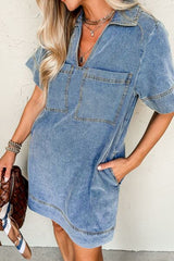 Short Sleeve Collared Patched Pocket Denim Mini Dress Light Blue OutfitFlow
