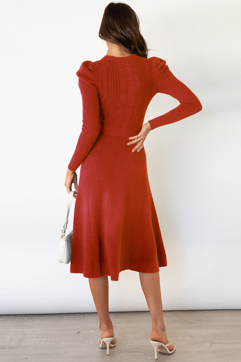 Outfit Flow - Round Neck Long Sleeve Tie Waist Sweater Dress